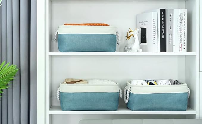Fabric Storage Bins Baskets for Organizing,Sturdy Storage Basket W/Handles, Decorative Foldable Storage Baskets for Shelves Closet Nursery Toy (White&Teal, Medium - 3 Pack) - Image 2