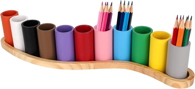 Wooden Colored Pencil Holder, Crayon Organizer | with 11 Colorful Cups Pencil Storage Box with S-Shaped Base for Children Office School Supplies by Diegimr