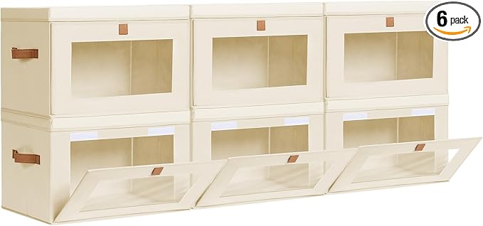 Storage Bins with Lids - Front Opening Storage Box with Clear Window & Handles, Stackable Foldable Fabric Bins for Closet Organization, Clothes, Sweaters, Towels, Blankets, 6 Pack, Beige by Homsorout