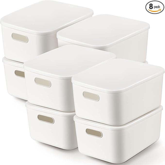 8 Pieces White Plastic Storage Bins with Lids, Stackable Storage baskets with Handle Containers Box for Shelves Drawers Desktop Playroom Classroom Office Organization(14 x 10.5 x 6.5 Inches) by Tuanse