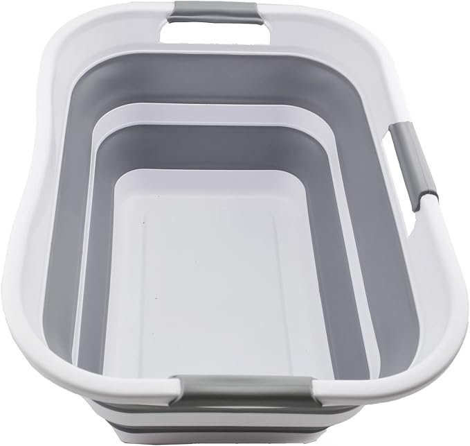 SAMMART - 30L (8 gallon) Collapsible Plastic Laundry Basket - Foldable Pop Up Storage Container/Organizer-Space Saving Hamper, Water capacity: 24L (6.3 gallon) (2, White/Grey/White) - Image 8