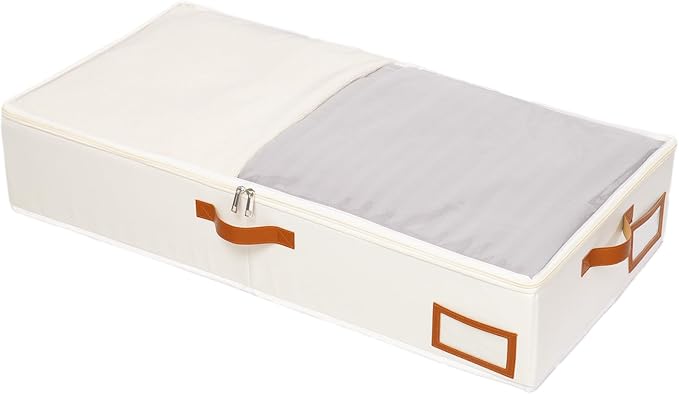 Yawinhe Under Bed Storage, 1 Pack Underbed Storage Box, Collapsible Storage Bag, with Sorting card slot and 4 Leather Handles, for Blanket, Bedding, 23.6''Lx11.8''Wx6''H, Beige | Underbed storage bag with clear window, clothes storage with classificati... by Yawinhe