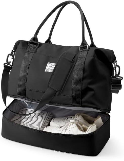 Travel Duffel Weekender Bag Women Tote Carry On Bags With Shoe Compartment | 18x14x8 inches Travel Overnight Bags with Trolley Sleeve for Airplanes Sport Tote Gym for Men Lightweight Daypack Black by VECAVE