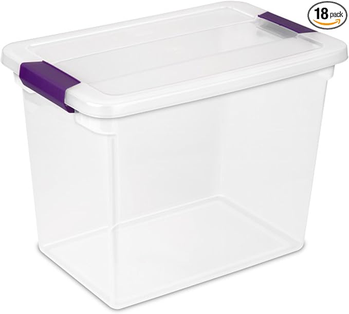 Sterilite 27 Quart ClearView Latch Box, Stackable Storage Bin with Latching Lid, Organize Clothes, Shoes in Closet, Clear Base and Lid, 18-Pack | Clear Plastic Organizers with Color Accent Latches for Closet, Bedroom, Shelving Units, Dorm Room and Home... by Sterilite