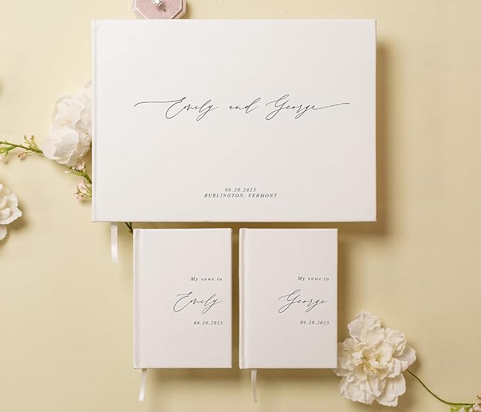Personalized Wedding Book Set with Guestbook Vow Books (Design 1) - Custom Large 11.5 x 8.5 Guest Signin Book, 5.75 x 4 Vow Books for Marriage Ceremony Reception, Gift for Engaged Couple, Eggshell by ModernAlbumDesigns
