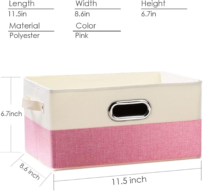 Fodable Storage Bins for Closet [3-pack] Decorative Fabric Storage Baskets Cubes with Leather/Metal Handles for Shelves Bedroom Living Room Pink&Cream (11.5x8.5x6.7 Inch) - Image 5