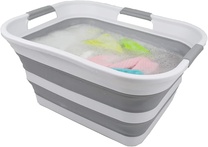 SAMMART - 30L (8 gallon) Collapsible Plastic Laundry Basket - Foldable Pop Up Storage Container/Organizer-Space Saving Hamper, Water capacity: 24L (6.3 gallon) (2, White/Grey/White) - Image 5