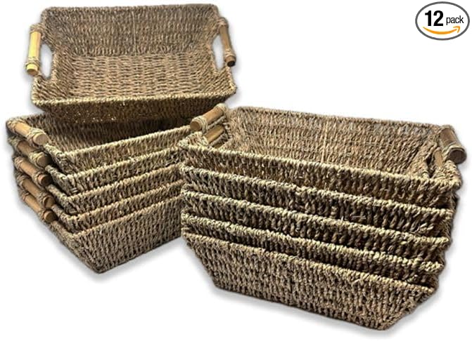 12 Pack Premium Handmade 14" Kalani Seagrass Baskets with Bamboo Handle – Rustic Boho Organizers for Bathroom, Events, Kitchen Pantry, Living Room & Entryway - Bulk Supply Set by TheLuckyCloverTradingCo
