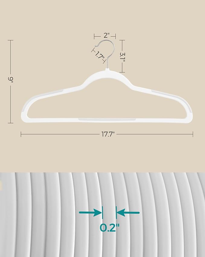 SONGMICS Plastic Clothes Hangers, Pack of 50, Non-Slip, Space-Saving | 0.2 Inches Thick, 17.7 Inches Wide, 360° Swivel Hook, Cloud White, BREANNA Collection UCRP050W05 - Image 5