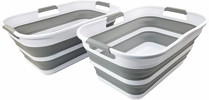 SAMMART 21L (5.5 Galloons) Collapsible Plastic Storge Basket - Foldable Pop Up Storage Container/Organizer - Portable Washing Tub - Space Saving Hamper/Basket (White/Grey (Set of 2)) by SAMMART