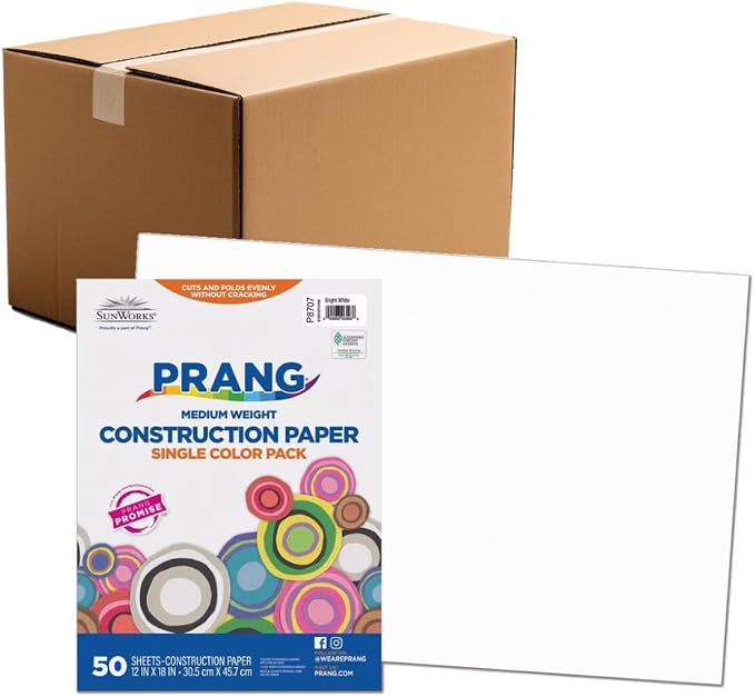 Prang Construction Paper, 12" x 18", Bright White, 50/Pack, 25 Packs | Formerly SunWorks, Class Pack, 1250 Sheets Total, P8707 by Prang