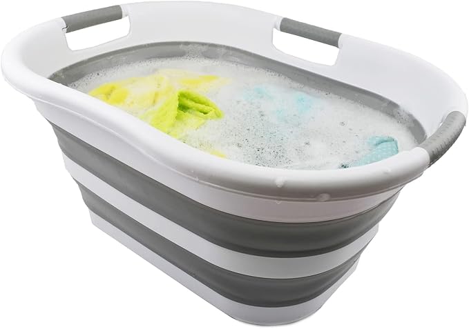 SAMMART 40L (10.5 gallon) Set of 2 Collapsible Plastic Laundry Basket - Foldable Pop Up Storage Container/Organizer - Portable Washing Tub - Space Saving Hamper/Basket (White/Grey) - Image 6