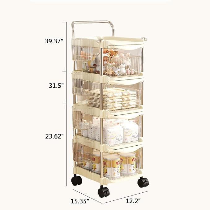 Baby Diaper Caddy Cart Organizer - Plastic Movable Cart Drawers with Hanging Basket, Rolling Utility Diaper Storage Caddy Organizer for Changing Table & Crib, Nursery, Bedroom (3 Tier) - Image 4