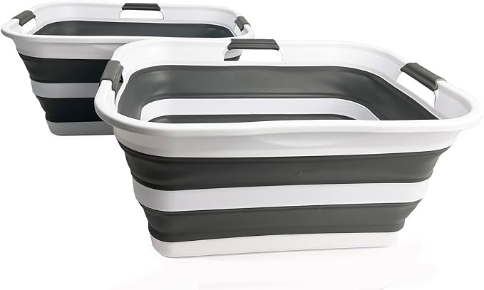 SAMMART Set of 2 Collapsible Plastic Laundry Basket/Organizer-Washing Tub-Foldable Pop Up Storage Container-Space Saving/Portable Hamper. Ideal for Home, Travel, Dorm & Camping (White/Steel Grey, 42L) - Image 2