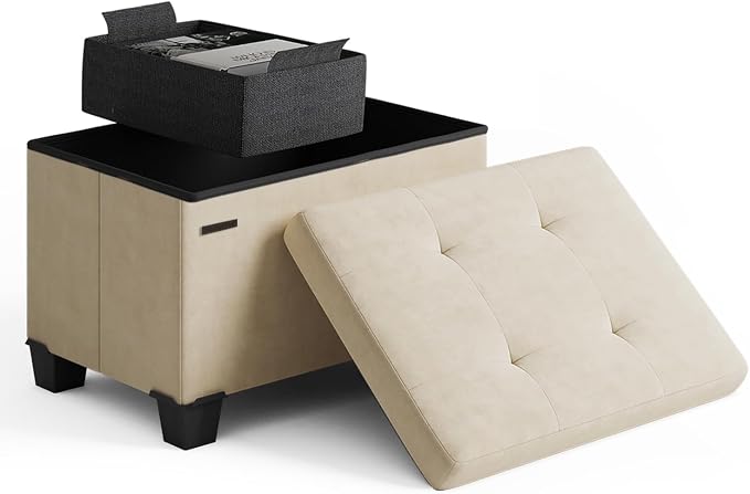 Storage Ottoman Cube with Small Bin, 16-in Square Ottoman with Storage for Living Room and Bedroom, Small Ottomans Foot Rest, Velvet Foot Stools Ottomans Max 330lbs, Beige by STORAGEBUD