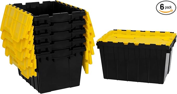 Akro-Mils KeepBox 12 Gallon Storage Container, Nesting and Stackable Plastic Storage Box with Lid Attached, Organizer Tote for Garages, Closets, Moving, 21-1/2" x 15" x 12-1/2", Black/Yellow, 6-Pack by Akro-Mils