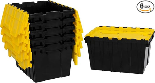 Akro-Mils KeepBox 12 Gallon Storage Container, Nesting and Stackable Plastic Storage Box with Lid Attached, Organizer Tote for Garages, Closets, Moving, 21-1/2" x 15" x 12-1/2", Black/Yellow, 6-Pack by Akro-Mils