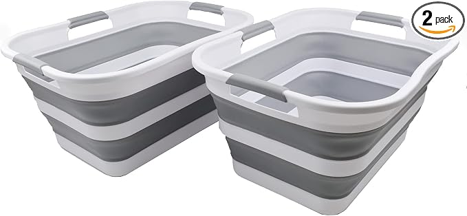 SAMMART - 30L (8 gallon) Collapsible Plastic Laundry Basket - Foldable Pop Up Storage Container/Organizer-Space Saving Hamper, Water capacity: 24L (6.3 gallon) (2, White/Grey/White) by SAMMART