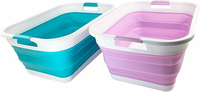 SAMMART 41L (10.8 gallon) Collapsible Plastic Laundry Basket - Foldable Pop Up Storage Container/Organizer - Portable Washing Tub - Space Saving (Rectangular, Ceramic Blue+Pale Purple (Set of 2)) by SAMMART