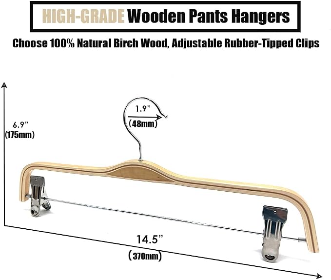 30 Pack 14.5" Natural Wooden Pants Hangers, Clothes Display Wood Skirt Hanger Bottom Hangers Metal Adjustable Clips Hanger for Slacks, Jeans, Shorts - Image 2