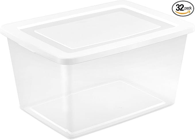 Sterilite Clear Storage Box Stackable Tote, 58 Quart, 32-Pack | Clear Plastic Container with Secure Snapping Lids for Home and Office Organization, White by Sterilite