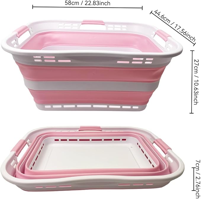 SAMMART Set of 2 Collapsible Plastic Storage Basket - Foldable Pop Up Storage Container - Portable Laundry Organizer - Space Saving Hamper (White/Cherry Pink, 42L (Style A)) - Image 5