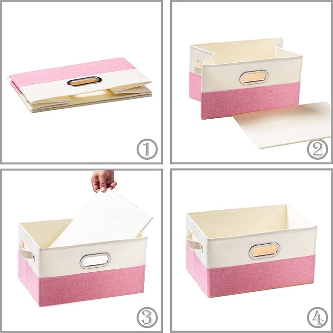 Fodable Storage Bins for Closet [3-pack] Decorative Fabric Storage Baskets Cubes with Leather/Metal Handles for Shelves Bedroom Living Room Pink&Cream (11.5x8.5x6.7 Inch) - Image 4