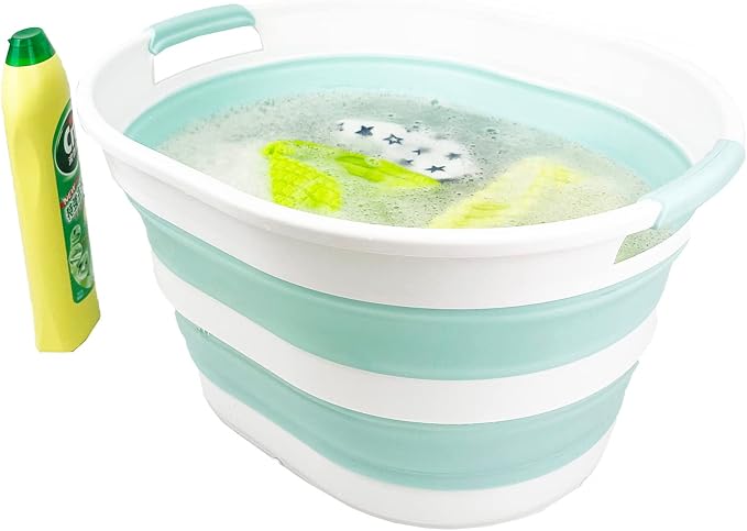 SAMMART 23L (6 Gallons) Collapsible Plastic Laundry Basket - Oval Tub/Basket - Foldable Storage Container/Organizer - Portable Washing Tub (White/Lake Green (Set of 2)) - Image 6
