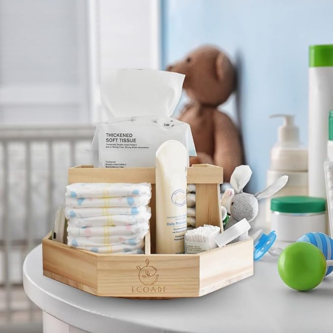 Wooden Diaper Caddy Organizer - 360 Degrees Rotating Caddy with Removable Dividers, Nursery Diaper Organizer - Image 6