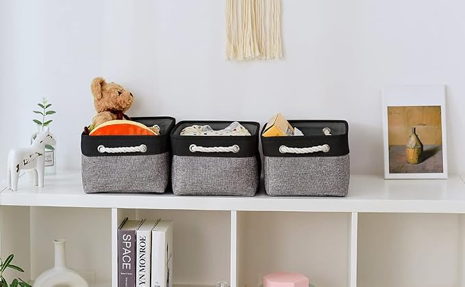 Storage Basket for Organizing - 14x10x7 inch Medium 3 Pack Collapsible Storage Bin for Shelves with Rope, Fabric Storage Cubes for Organizer Cloth Gift Toy Closet (Black & Grey) - Image 8