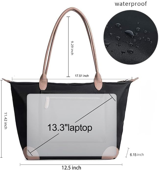 DORIS&JACKY Women Lightweight Tote Bag Designer Leather Work Shoulder Purse | Large Foldable Waterproof Nylon Hobo, Soft Fashion Casual Travel Gym Shopping Handbags with Long Leather Strap - Image 3