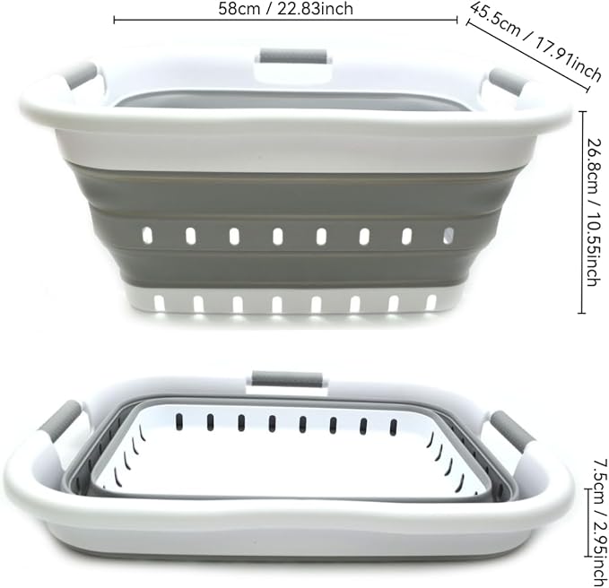 SAMMART 41L (10.8 gallon) Set of 2 Collapsible 3 Handled Plastic Laundry Basket-Foldable Pop Up Storage Container/Organizer-Space Saving Hamper/Basket (2, White/Grey) - Image 2