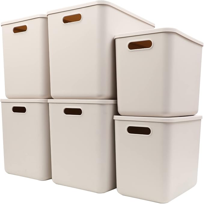 Yishyfier Plastic Storage Baskets With Lid Organizing Container Lidded Knit Storage Organizer Bins for Shelves Drawers Desktop Closet Playroom Classroom Office (4XL+2L, Light grey) by Yishyfier