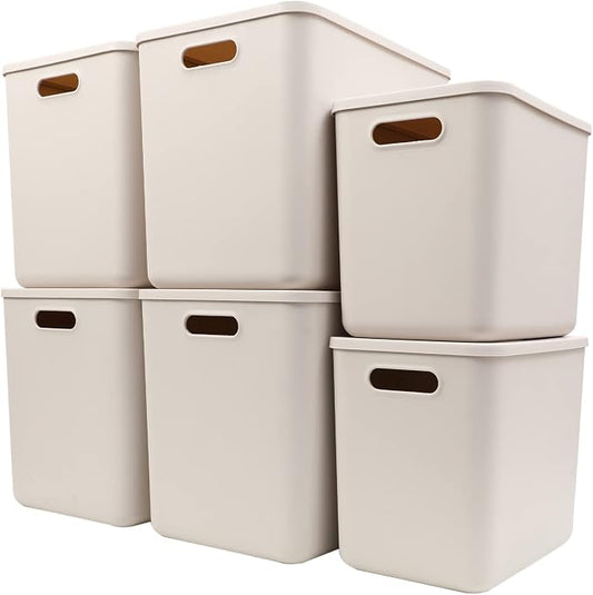 Yishyfier Plastic Storage Baskets With Lid Organizing Container Lidded Knit Storage Organizer Bins for Shelves Drawers Desktop Closet Playroom Classroom Office (4XL+2L, Light grey) by Yishyfier