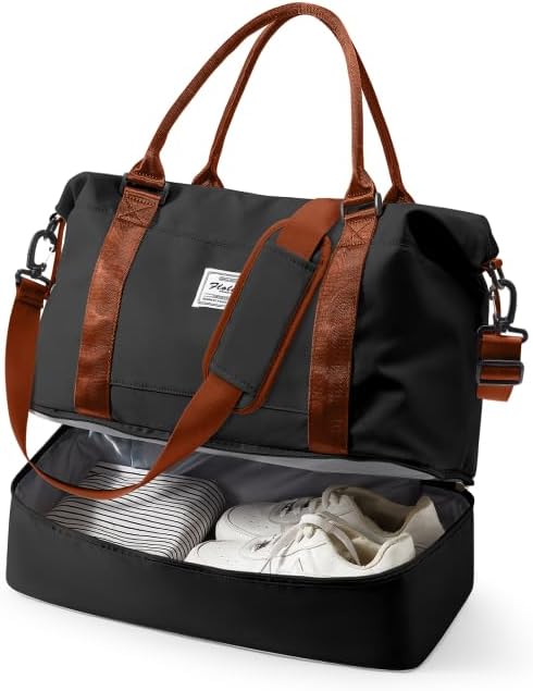 Travel Duffel Weekender Bag Women Tote Carry On Bags With Shoe Compartment | 18x14x8 inches Travel Overnight Bags with Trolley Sleeve for Airplanes Sport Tote Gym for Men Lightweight Daypack BlackBrown by VECAVE