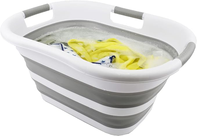 SAMMART 30L (7.9 gallon) Collapsible Plastic Laundry Basket - Foldable Pop Up Storage Container/Organizer - Portable Washing Tub - Space Saving Hamper/Basket (White/Grey (Set of 2)) - Image 5