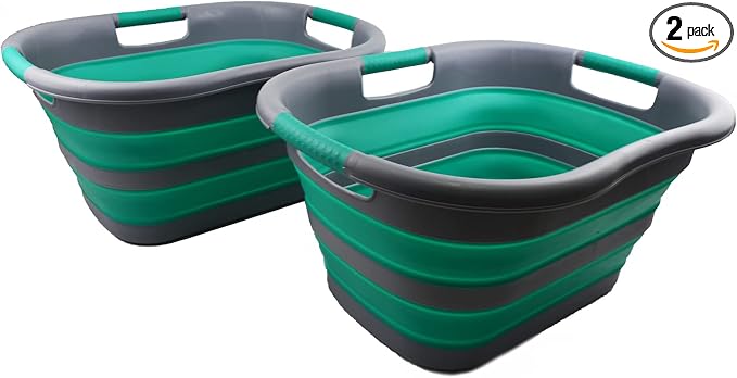 SAMMART 30L (7.9 gallon) Collapsible Plastic Laundry Basket - Foldable Pop Up Storage Container/Organizer - Portable Washing Tub - Space Saving Hamper/Basket (Dark Grey/Bluish-Green (Set of 2)) by SAMMART