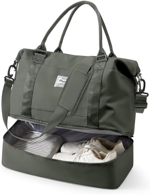 Travel Duffel Weekender Bag Women Tote Carry On Bags With Shoe Compartment | 18x14x8 inches Travel Overnight Bags with Trolley Sleeve for Airplanes Sport Tote Gym for Men Lightweight Daypack Green by VECAVE