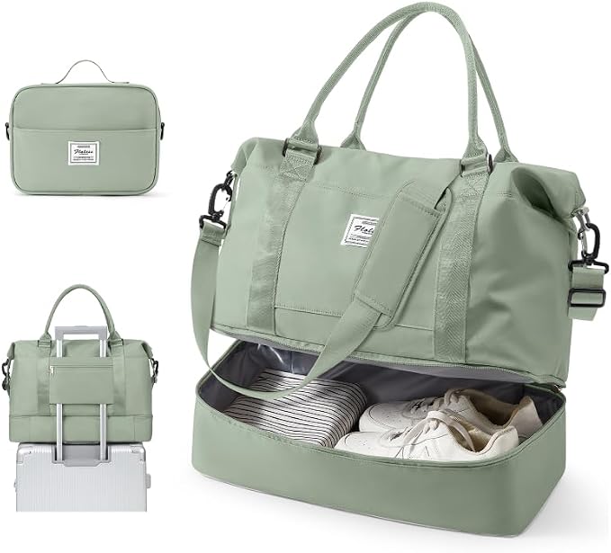 Travel Duffel Weekender Bag Women Tote Carry On Bags With Shoe Compartment | 18x14x8 inches Travel Overnight Bags with Trolley Sleeve for Airplanes Waterproof Sport Tote Gym with Toiletry Bag Beigegreen by VECAVE