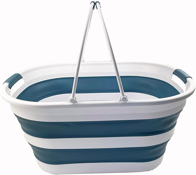 SAMMART 38L (10 Gallons) Collapsible Plastic Laundry Basket - Foldable Storage Container/Organizer - Portable Washing Tub - Space Saving Laundry Hamper (White/Adriatic Blue) - Image 4