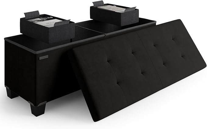Storage Ottoman Bench with Bins, 43-in Storage Bench for Bedroom End of Bed, Folding Foot Rest Ottoman for Living Room Max 660lbs, Velvet Ottomans, Black by STORAGEBUD