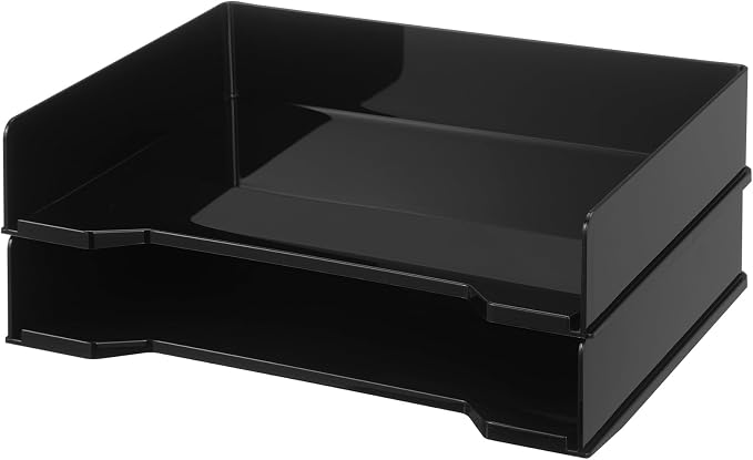 DoubleFill 2 Pcs Stackable Letter Tray Plastic Paper Tray, Black | 13 x 9.5 x 2.6 In, Rectangular, Paper Holder, File Tray for Desktop Office Desk Drawers by DoubleFill