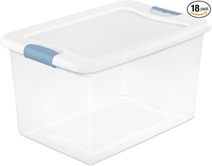 Sterilite 18-Pack Latching Box, Under Bed Storage Bins with Lids, Clear Plastic, 64 Quart - Heavy-Duty Organizing Containers for Closet, Bathroom, and Office by Sterilite