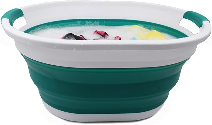 SAMMART 32L (8.4 gallon) Collapsible Plastic Laundry Basket - Foldable Pop Up Storage Container/Organizer - Portable Washing Tub, Water Capacity: 24L (1, White/Dark Green) - Image 7