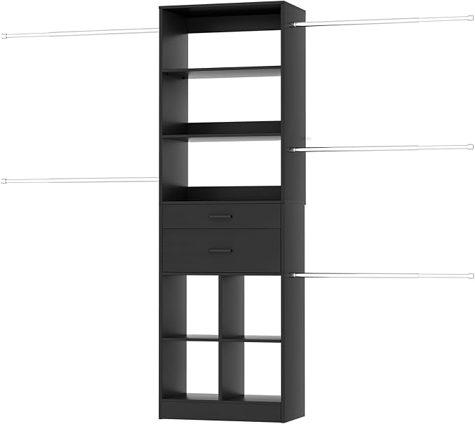 Besiost Closet System, 4-8 FT Closet Organizer Tower with 2 Wooden Drawers and Shelves, Can Fit 60 to 96 inch Walk-in Closet System with 5 Hang Rods, Built-in, Black - Image 8