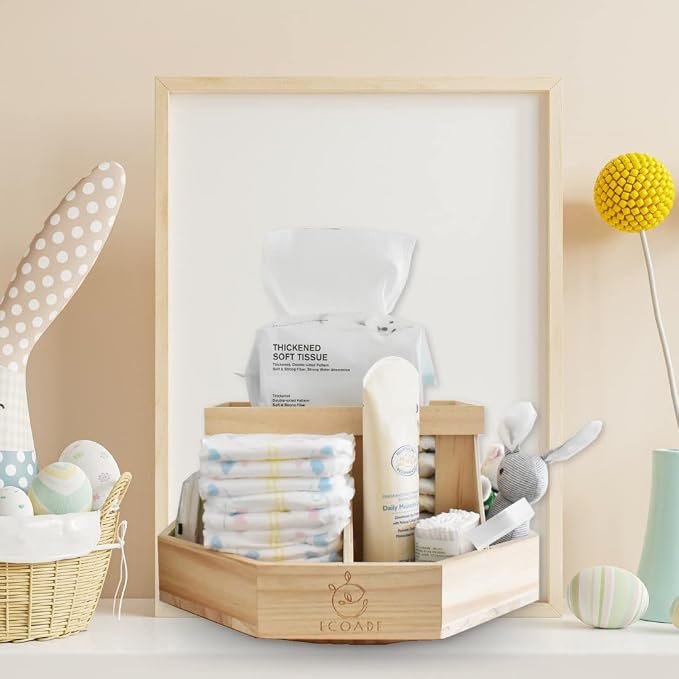Wooden Diaper Caddy Organizer - 360 Degrees Rotating Caddy with Removable Dividers, Nursery Diaper Organizer - Image 7