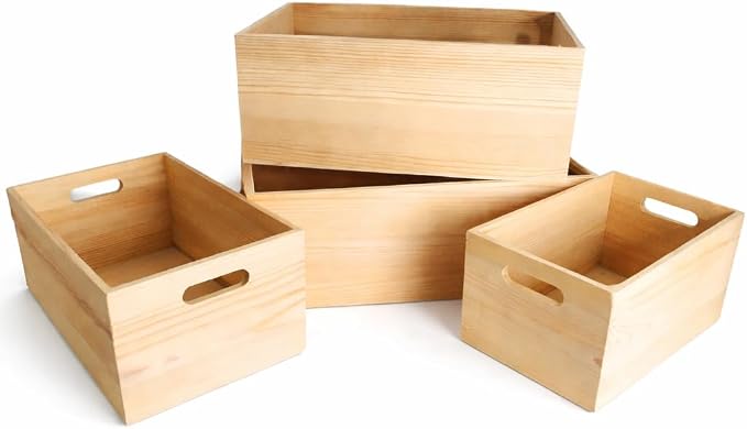 Unfinished Wooden Crates 4 Pack - Nesting Pine Wood Boxes with Handles | Decorative Storage Boxes for Crafts, DIY, Farmhouse Decor, Kitchen, Pantry Display - Stackable Graduated Sizes, Oojami by Oojami