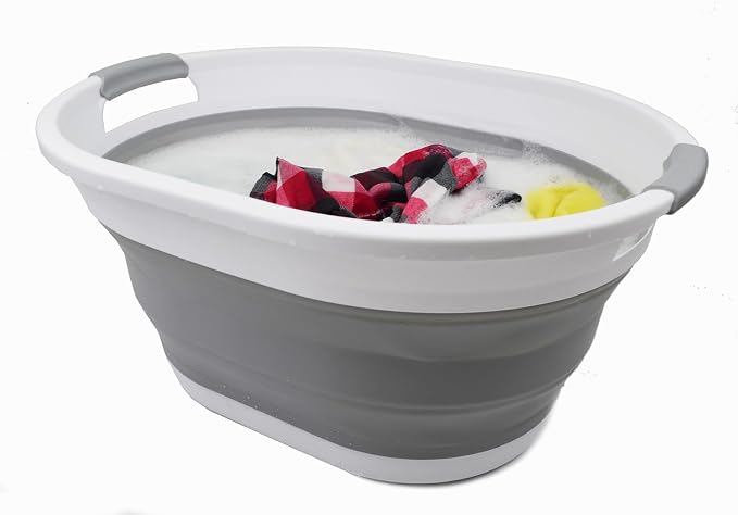 SAMMART 32L (8.4 Gallon) Collapsible Plastic Laundry Basket - Foldable Pop Up Storage Container/Organizer - Portable Washing Tub - Space Saving Hamper/Basket, Water Capacity: 24L (2, White/Grey) - Image 6