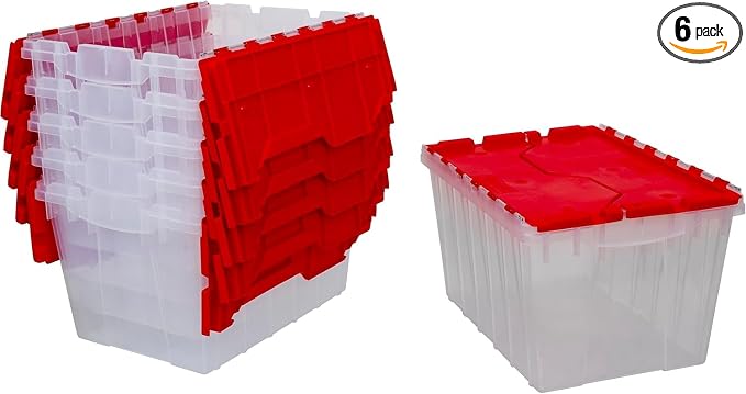 Akro-Mils KeepBox 12 Gallon Storage Container, Nesting and Stackable Plastic Storage Box with Lid Attached, Clear Tote for Garages, Closets, and Moving, 21-1/2" x 15" x 12-1/2", Clear/Red, 6-Pack by Akro-Mils