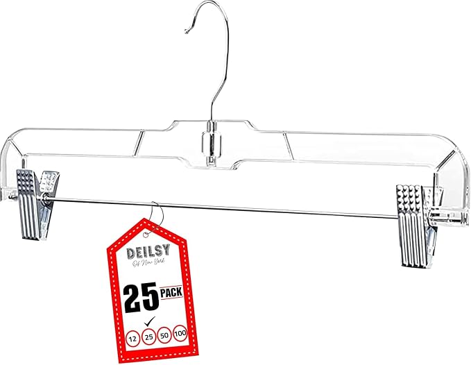 DEILSY™ Pants Hangers with Clips 25 Pack Skirt Hangers Clear Plastic | Hangers with clips and 360° swivel hook, pants hangers rubber-padded clips, ideal for jeans, trousers, skirts and shorts by Deilsy